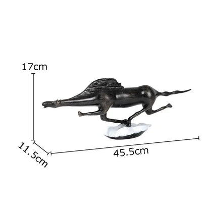 Abstract black cast iron decorbites bull statue featuring a running horse with a dorsal fin on white base for living room decor