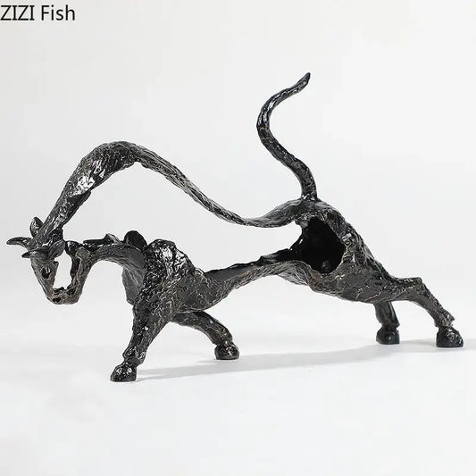 Abstract black cast iron bull statue featuring two intertwined animals in dynamic poses for living room decorbites bull decor