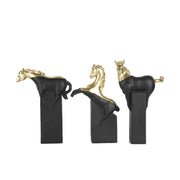 Three black and gold resin decorbites horse statues on sleek rectangular bases for elegant living room decor