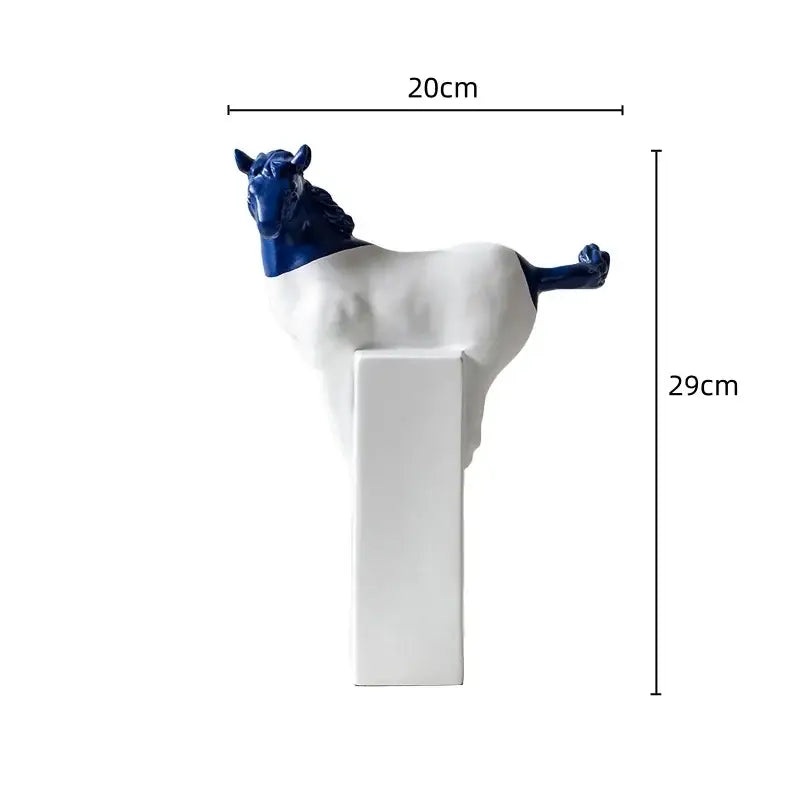 A sleek ceramic decorbites horse statue with a glossy royal blue head and neck and smooth white body for living room decor