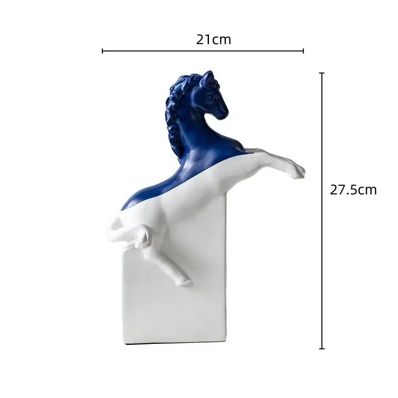 A sleek two-toned ceramic horse statue in deep blue and white, ideal decorbites horse statue for living room decor