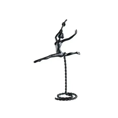 Abstract black metal ballerina dancer sculpture in black depicting a female acrobat performing a split on twisted rope decorbites ballerina dancer