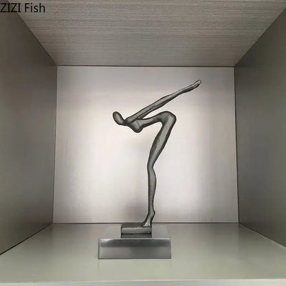 Silver abstract metal gymnast statue desk ornament in mid-motion on rectangular base for decorbites gymnast statue
