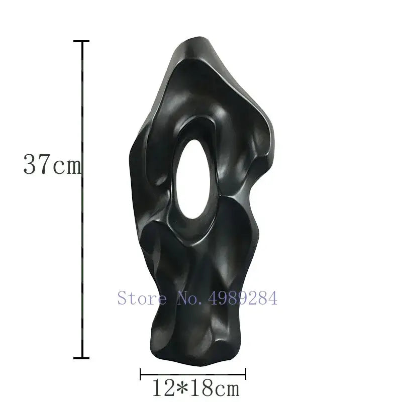 Black glossy resin abstract ceramic vase with central oval opening for living room decorbites black sculpture