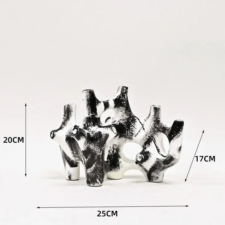 Abstract black and white ceramic coral reef piping sculpture with organic branching forms home decor figurine
