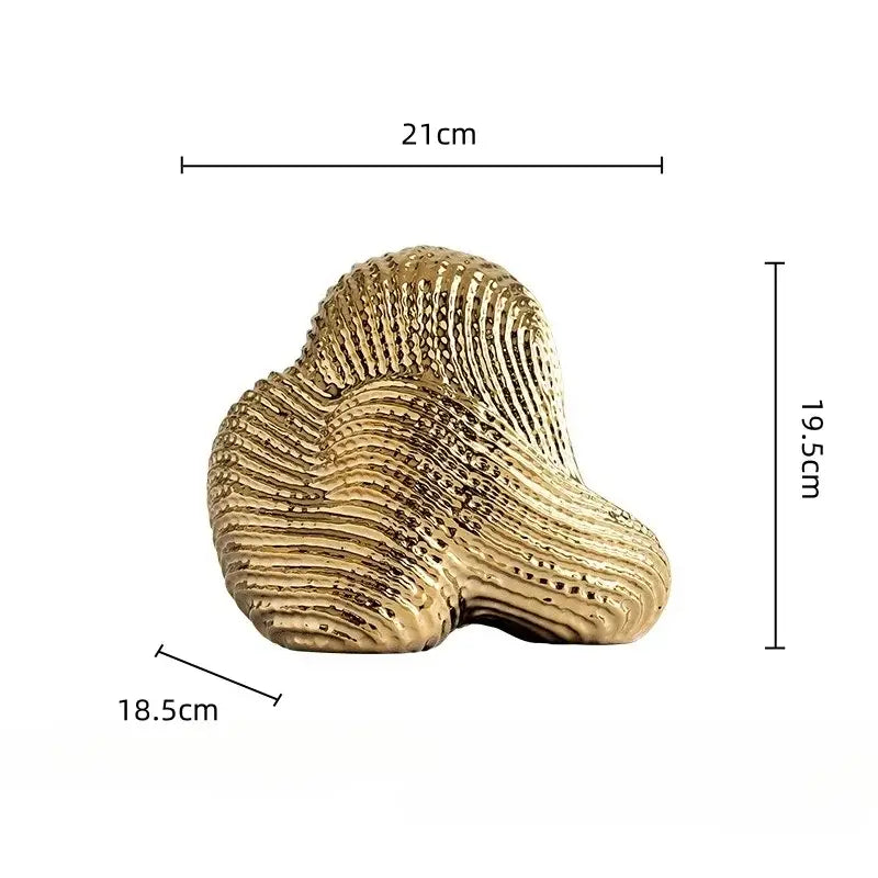Golden textured ceramic living room sculpture with wavy ridges and glossy finish abstract geometric stone rockery