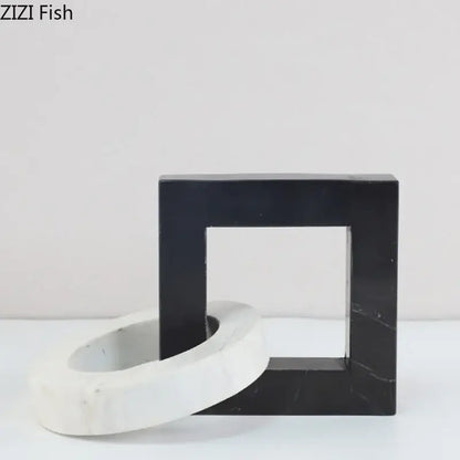 Abstract black and white marble geometric knot square ring statue bookends with modern minimalist design for living room use