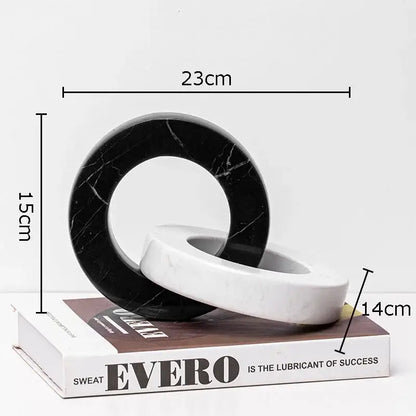 Abstract black and white marble round ring sculptures for living room decor featuring elegant marble round ring design