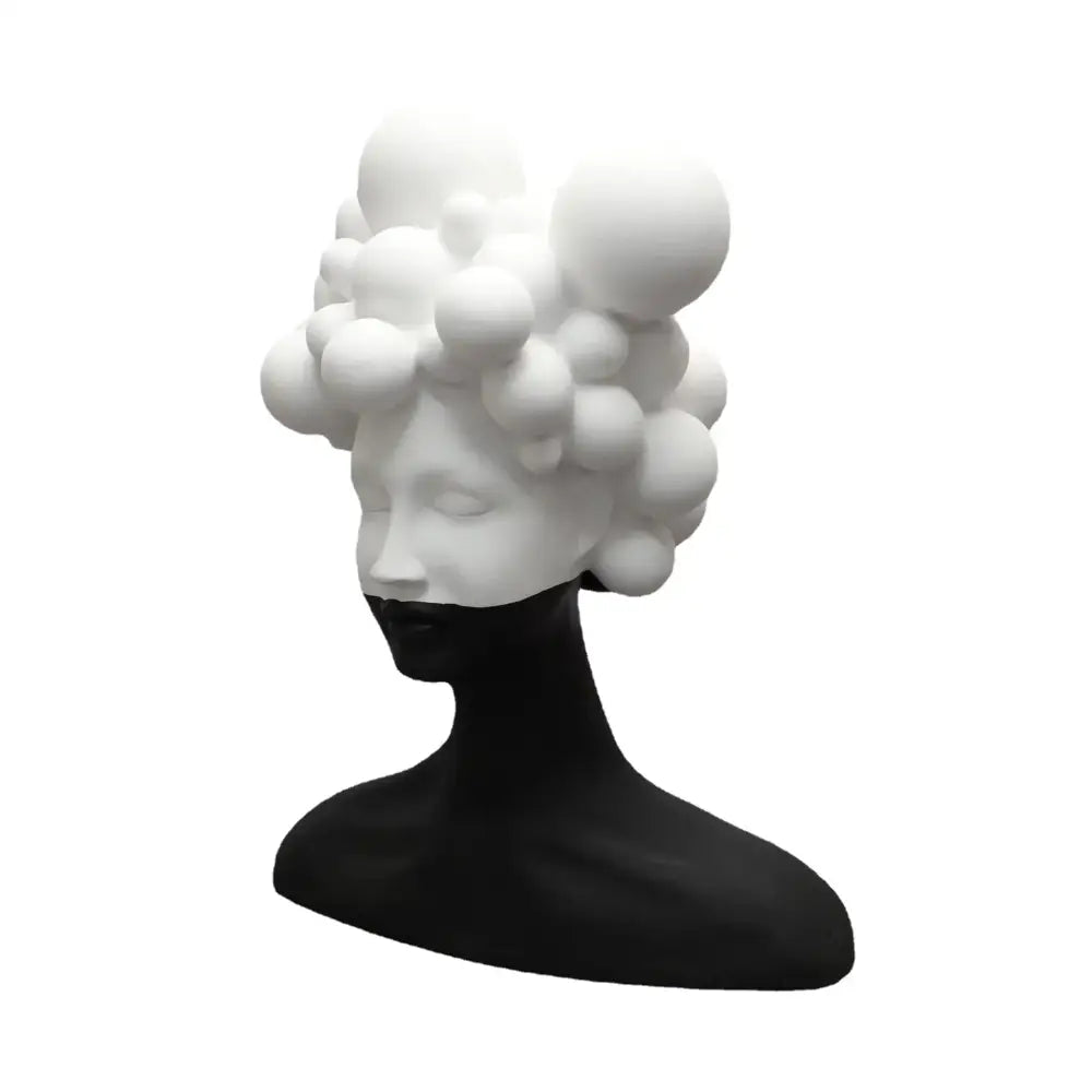 A black and white woman figurine resin sculpture with a bubble-like white hairstyle decorbites abstract woman decor
