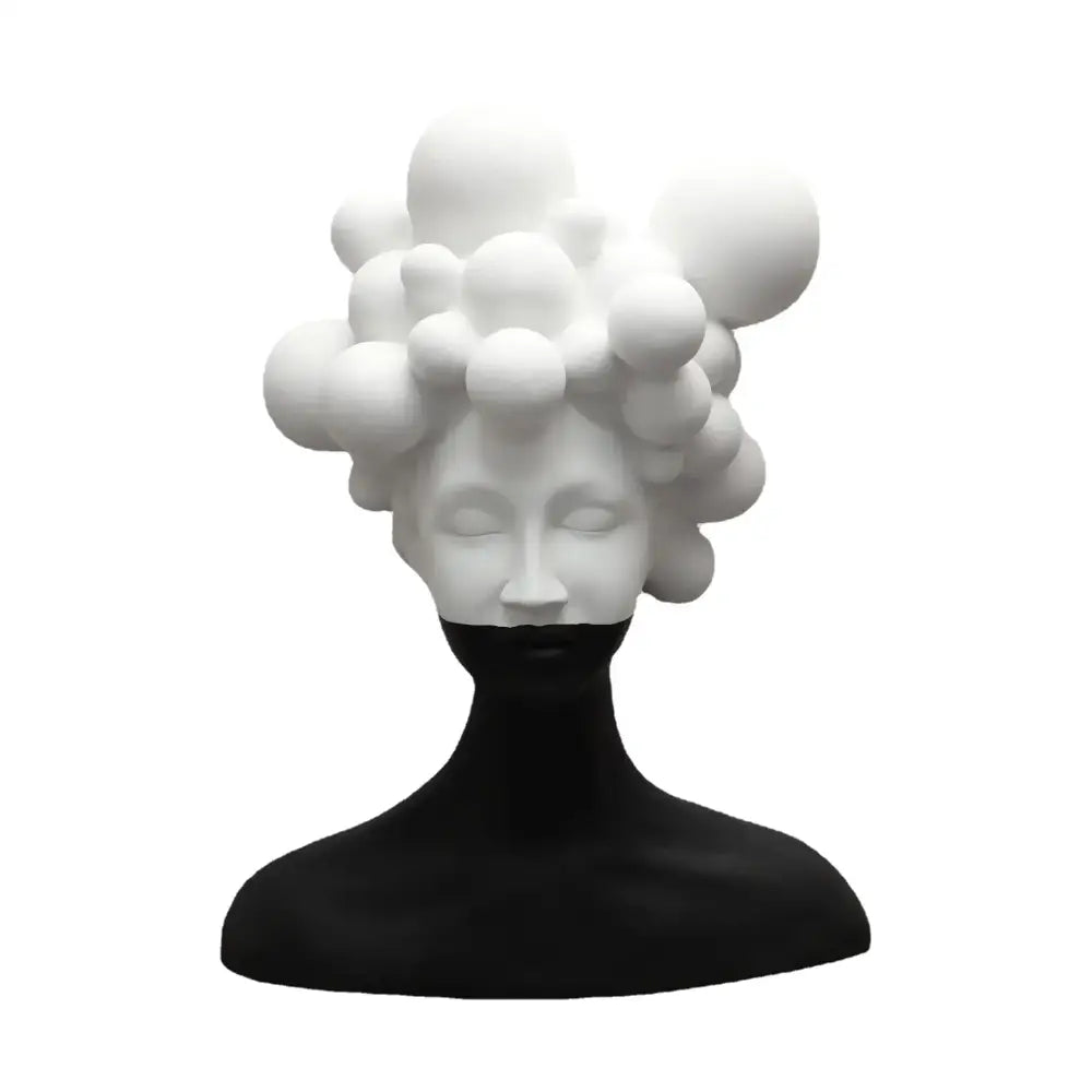 Abstract black and white woman figurine resin sculpture featuring serene face and bubble-like hairstyle for decorbites abstract woman decor