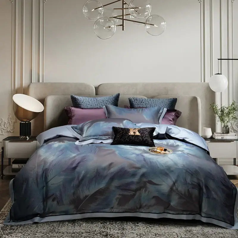 Abstract blue and gray duvet cover with metallic accents in 1500tc jacquard egyptian cotton bedding set