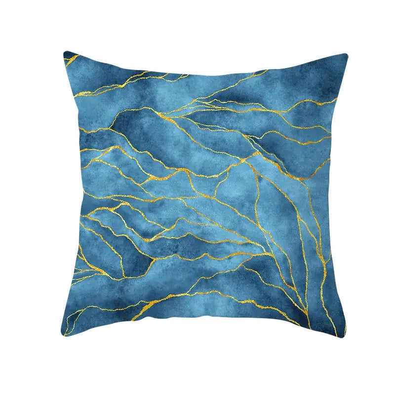 Blue ink cushion cover with gold edge marble-like veining pattern for elegant living room decor