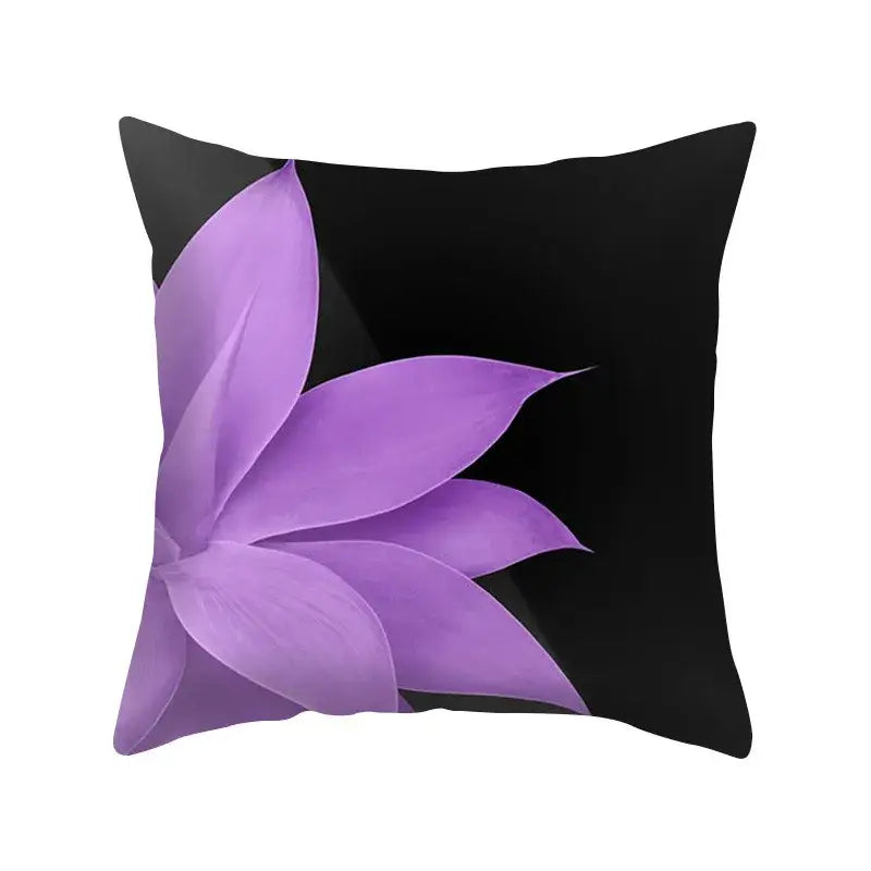 Black square pillow case with purple lotus flower print in blue purple polyester for decorbites bedroom decor
