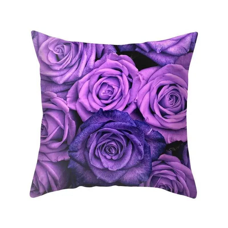 Purple rose-patterned blue purple polyester pillow case with soft fabric surface for decorbites bedroom throw cover