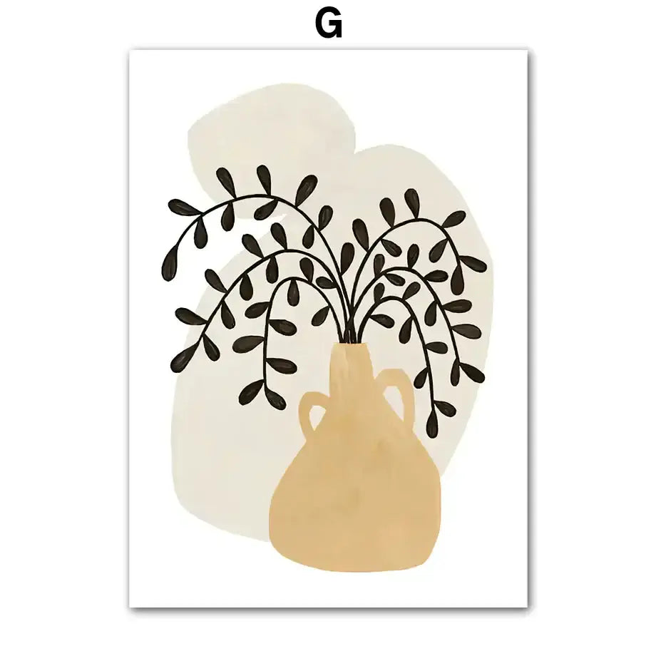 Beige ceramic vase with two handles holding black illustrated branches in abstract girl hand wall art set for living room decor
