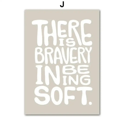 Beige rectangular wall art canvas painting with bold white lettering there is bravery in being soft abstract girl hand design