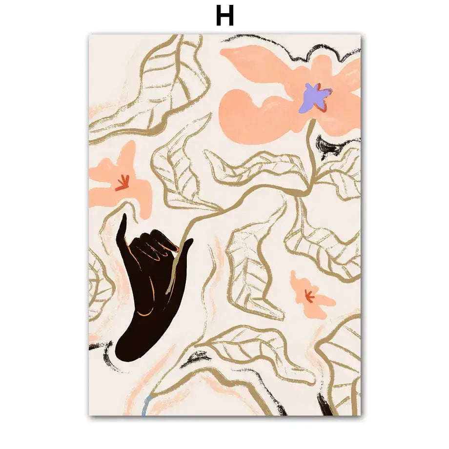 Abstract girl hand wall art canvas painting with bold black gesture on cream background with peach and gold leaf patterns