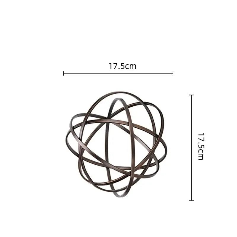 Abstract bronze geometric sphere pendant sculpture made of interwoven dark bronze metal wires for living room decor