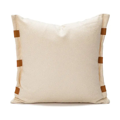 Cream-colored linen pillow cover with brown leather strips for decorbites abstract plush burnt orange living room decor