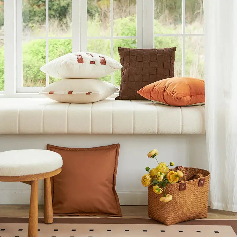 Warm terracotta burnt orange pillow cover with smooth solid fabric finish for decorbites abstract plush living room decor