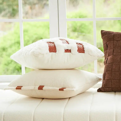 White plush pillow cover with brown woven leather face design for burnt orange decorbites abstract living room decor