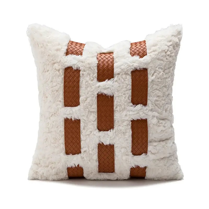 White faux fur pillow cover with tan woven leather strips grid pattern for burnt orange decorbites abstract plush decor