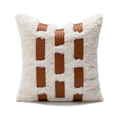 White faux fur pillow cover with tan woven leather strips grid pattern for burnt orange decorbites abstract plush decor