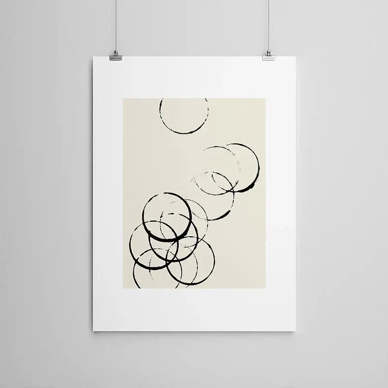 DecorBites™ 6 black and beige abstract canvas poster prints featuring overlapping circular brushstrokes on soft beige background