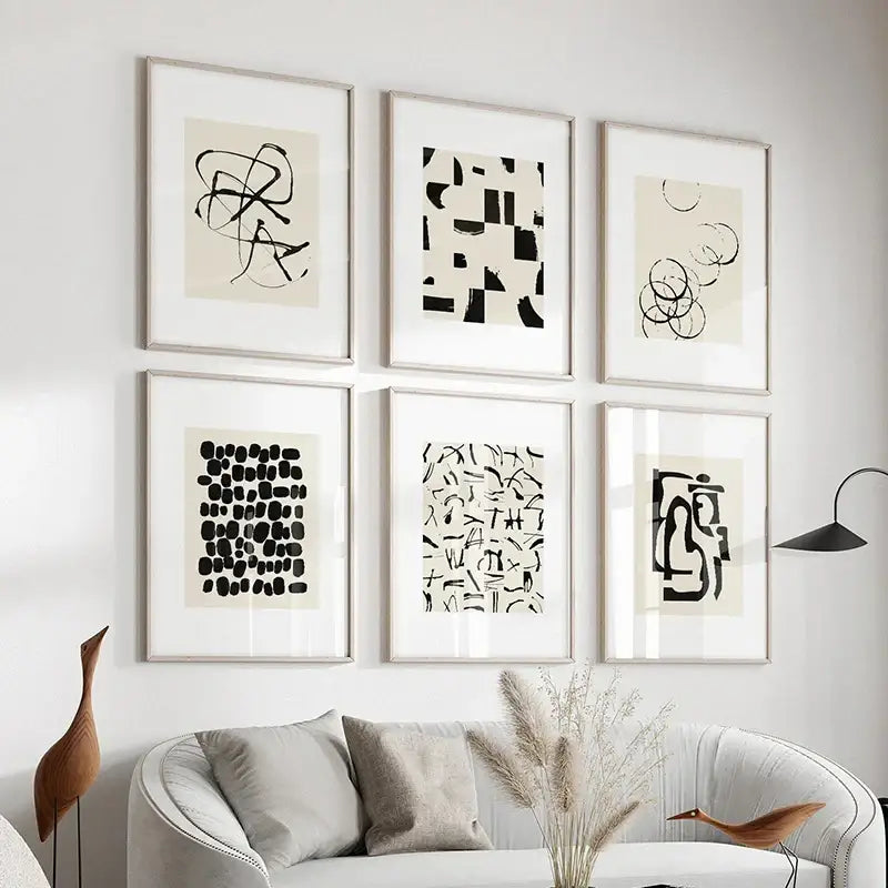 DecorBites™ 6 black ink beige abstract poster prints on canvas paper in sleek silver frames for modern decor