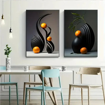 Decorbites™ abstract canvas print featuring glossy orange spheres and 3d sculpture forms on dark gray background
