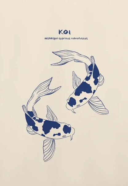 DecorBites™ abstract lazy cat canvas wall art featuring blue and white koi fish lazy cat illustration