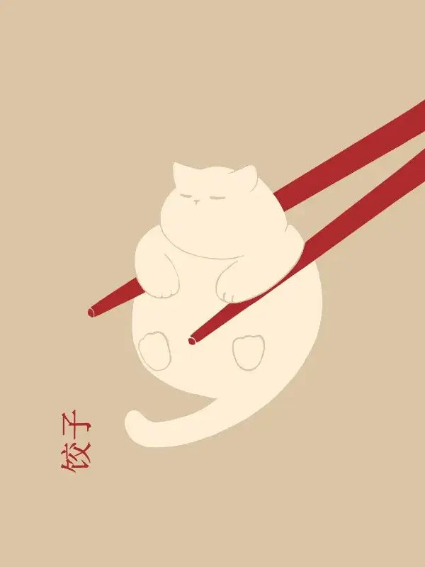DecorBites™ abstract lazy cat canvas wall art featuring a cream dumpling lazy cat illustration held by red chopsticks