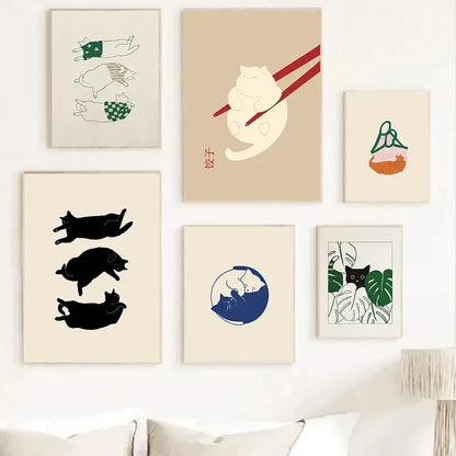 Set of six minimalist DecorBites™ abstract lazy cat canvas wall art with soft beige backgrounds and colorful illustrations