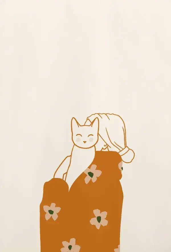 Decorbites™ abstract lazy cat canvas wall art with a soft orange blanket design featuring a dumpling lazy cat illustration