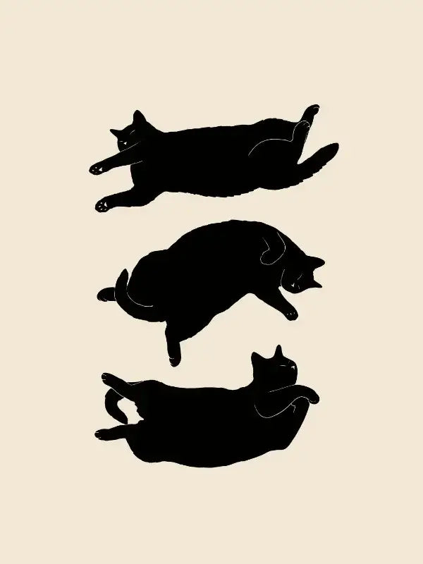 Decorbites™ abstract lazy cat canvas wall art featuring three black lazy cat silhouettes on beige background