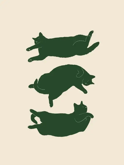 Stylized dark green lazy cat illustration in vertical arrangement on beige canvas wall art by decorbites™