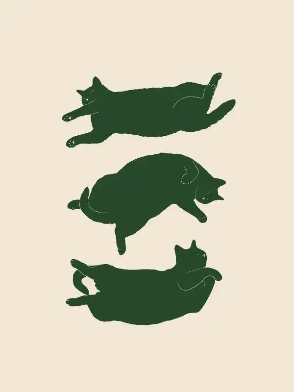 Stylized dark green lazy cat illustration in vertical arrangement on beige canvas wall art by decorbites™