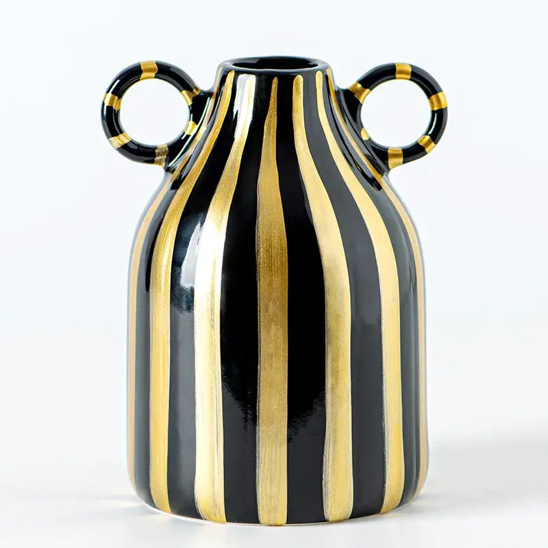 Black and gold striped abstract ceramic hydroponic vase with double ear handles for modern indoor decor