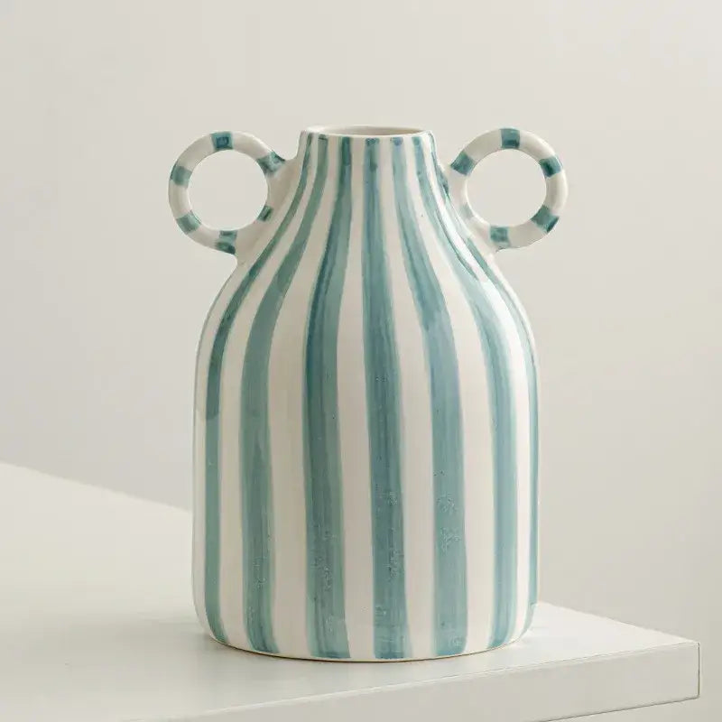 Abstract ceramic hydroponic vase in teal and white with double ear handles for hydroponic use