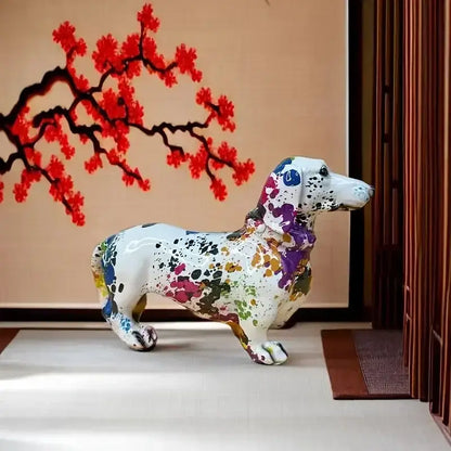 White ceramic colorful dachshund figurine with vibrant splattered paint for living room decorbites colorful dachshund