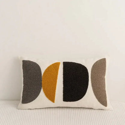 Rectangular embroidery pillow cover with abstract pattern in gray mustard black and taupe on cream for living room decor