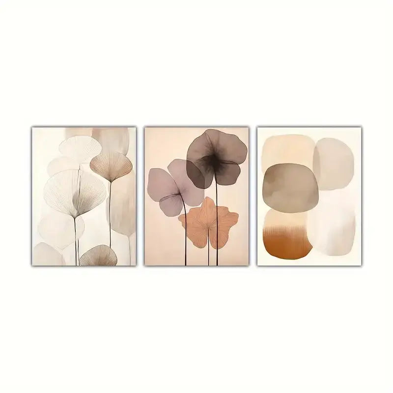 Set of three minimalist abstract beige botanical canvas wall art prints in soft tones by decorbites for wall decor