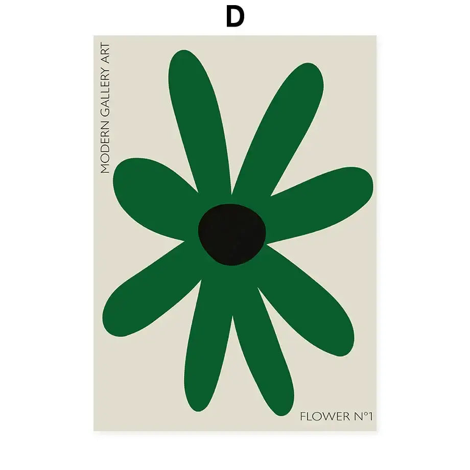 DecorBites™ abstract flowers wall art print canvas featuring a minimalist green flower with black center on beige background