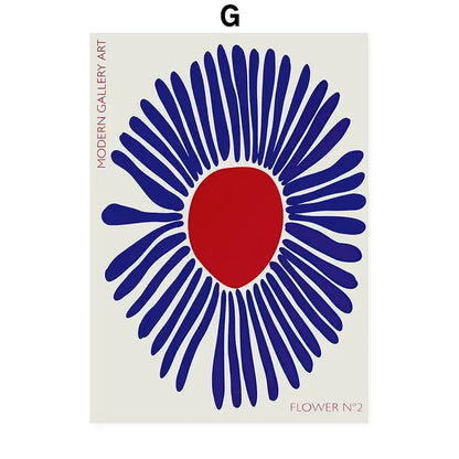 DecorBites™ abstract flowers wall art print canvas features a bold red center with navy blue petals on off-white background