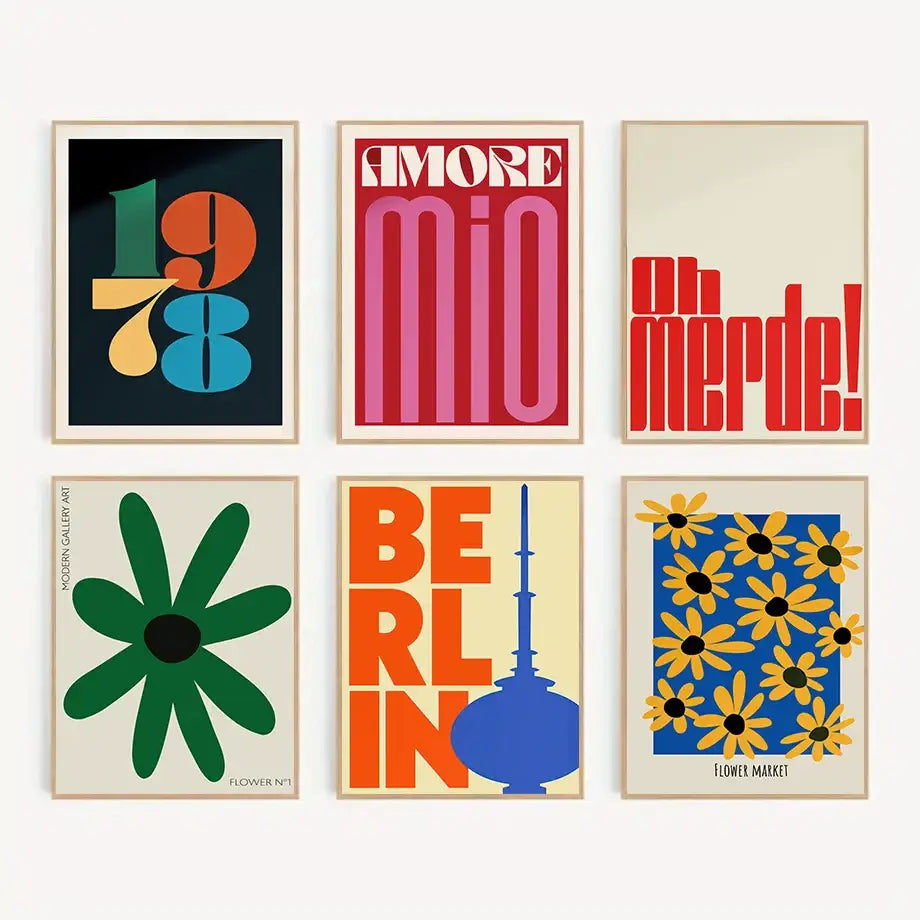 Set of six decorbites™ abstract flowers wall art prints featuring bold typography and vibrant colors on canvas