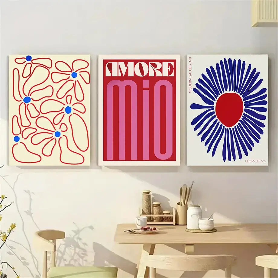 Decorbites™ abstract flowers wall art canvas prints featuring bold geometric and floral designs in red blue pink and cream tones