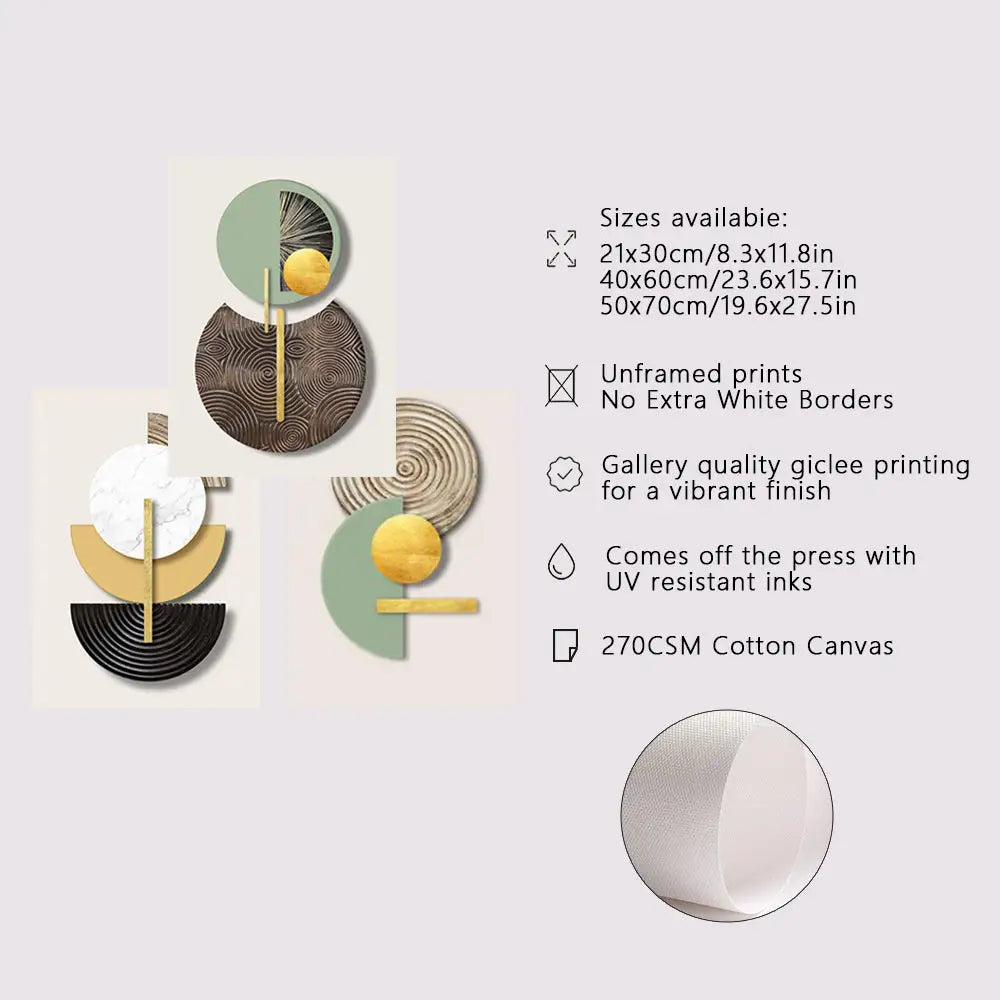 Modern abstract geometric canvas art set with layered circular shapes in green gold black white and brown on cotton canvas