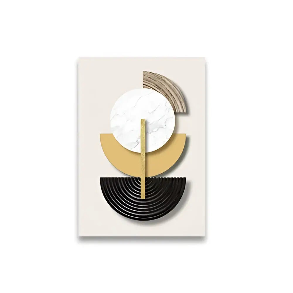DecorBites™ abstract geometric canvas art set with layered white marble, gold metal, black texture, and wood-like slice