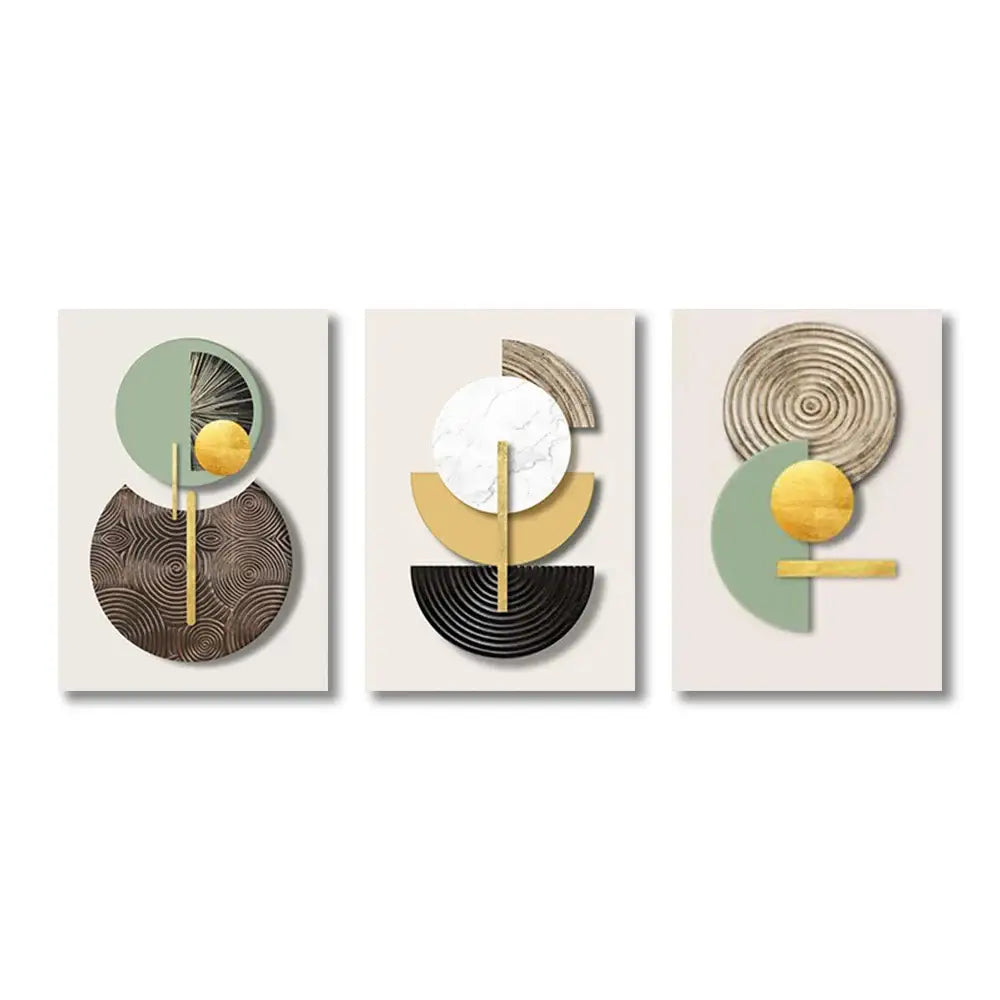 Decorbites™ abstract geometric canvas art set of three panels with layered shapes in earthy tones and gold accents