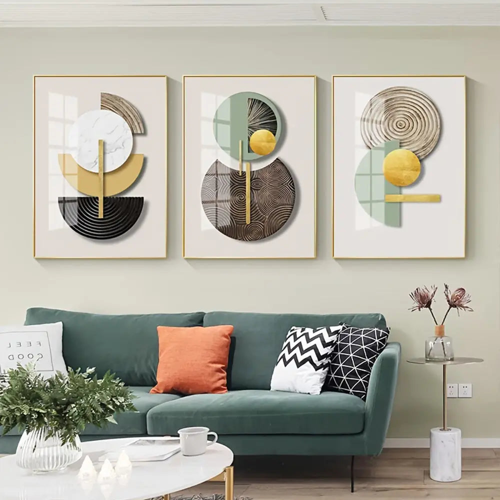 DecorBites™ abstract geometric canvas art set of three framed pieces in gold, black, white marble, and muted green tones